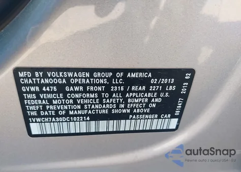 2013 Volkswagen Passat 2.5L Sel from USA, damaged, VIN 1VWCH7A30DC102214
